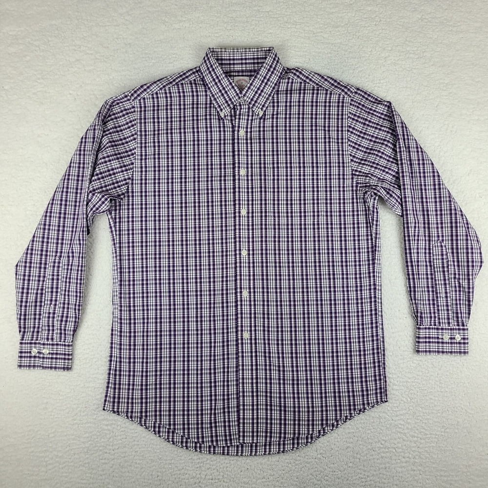 Brooks Brothers Shirt Mens Medium Purple Plaid Non Iron Dress Button Down‎ *